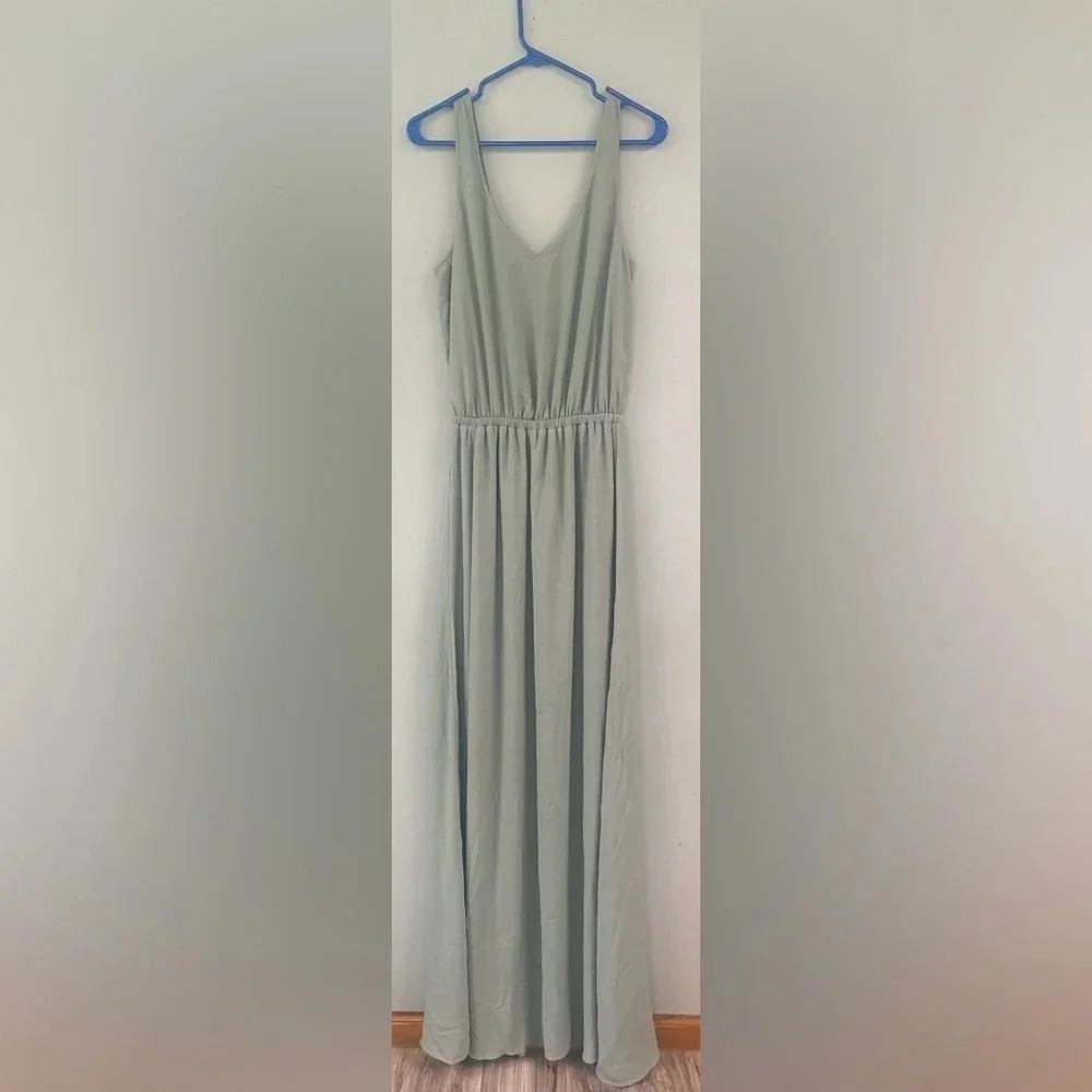 Show Me Your Mumu Kendall Chiffon Maxi Dress V-neck Size Large Silver Sage Blue - Picture 3 of 10